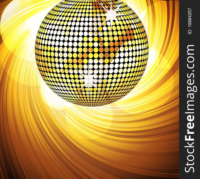 Sparkling gold disco ball on a swirling background with glowing circles. Sparkling gold disco ball on a swirling background with glowing circles