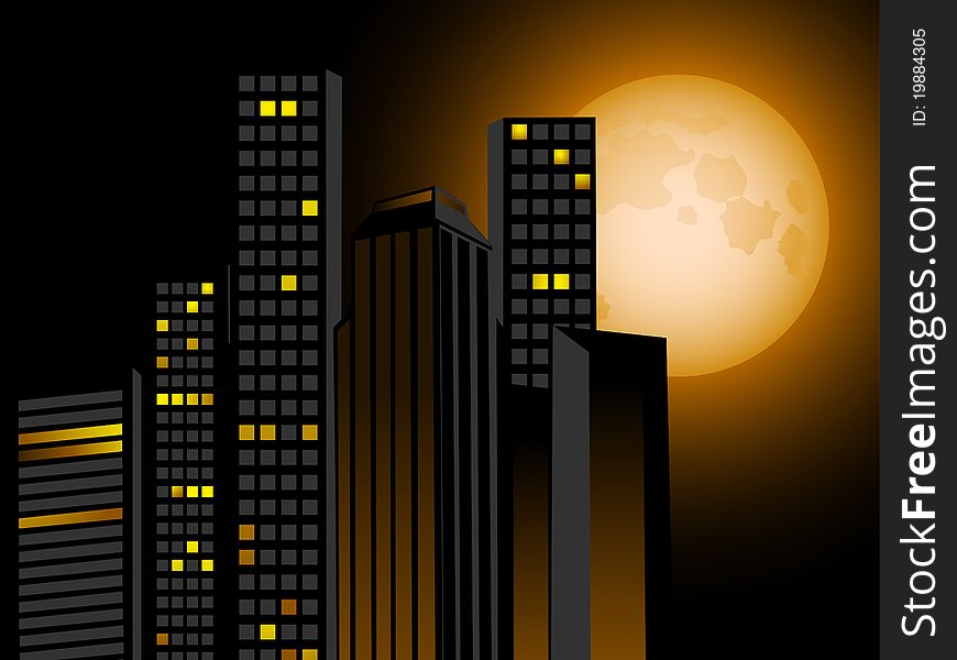 Full moon and city scape with sky scrapers, offices and appartments. Full moon and city scape with sky scrapers, offices and appartments