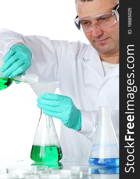 Chemistry Scientist conducting experiments on white background