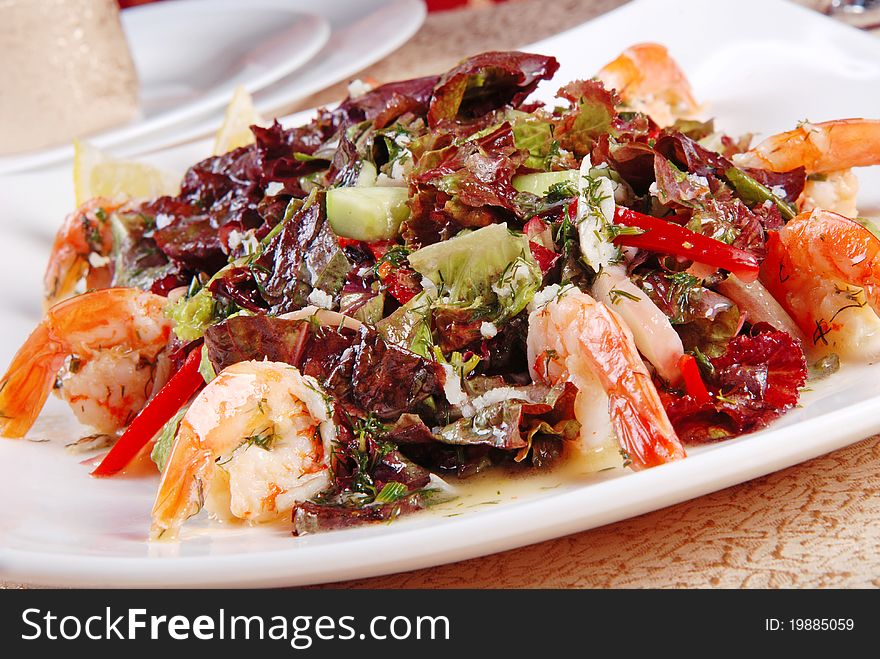 Shrimp salad. Restaurant. Close-up. Shrimp salad. Restaurant. Close-up