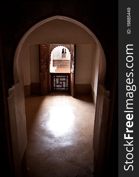The view of one of the prayer cells on the first floow of the Medersa Ben Youssef, the beautiful Quran School located in the heart of Marrakesh, Morocco. The view of one of the prayer cells on the first floow of the Medersa Ben Youssef, the beautiful Quran School located in the heart of Marrakesh, Morocco