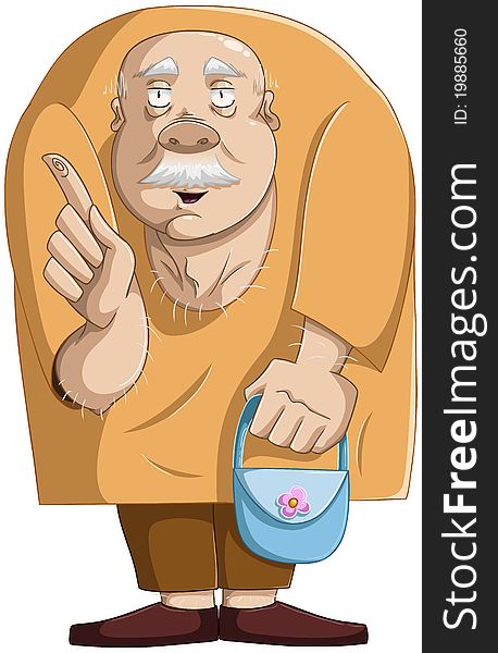 A illustration of a nice old man standing, holding a blue purse and pointing with his finger to ask a question. A illustration of a nice old man standing, holding a blue purse and pointing with his finger to ask a question.