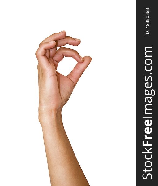Human hand on white background. Fingers are folded in the shape of Ok