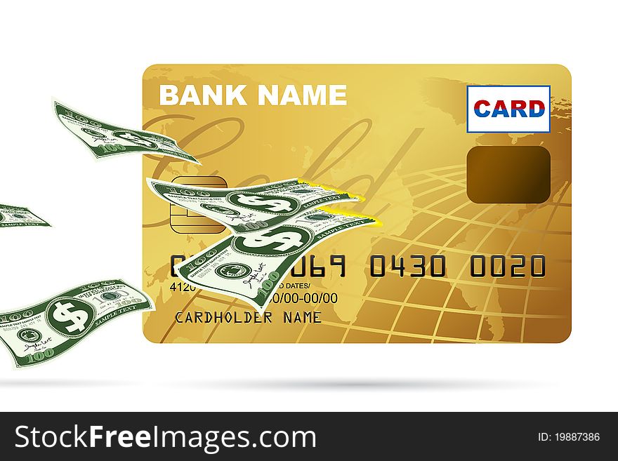 Illustration of dollar coming out from credit card on white background. Illustration of dollar coming out from credit card on white background