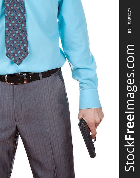 Business man holding a gun. Isolated on white background. Business man holding a gun. Isolated on white background