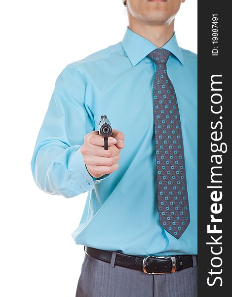 Businessman aiming with handgun, isolated on white. Businessman aiming with handgun, isolated on white