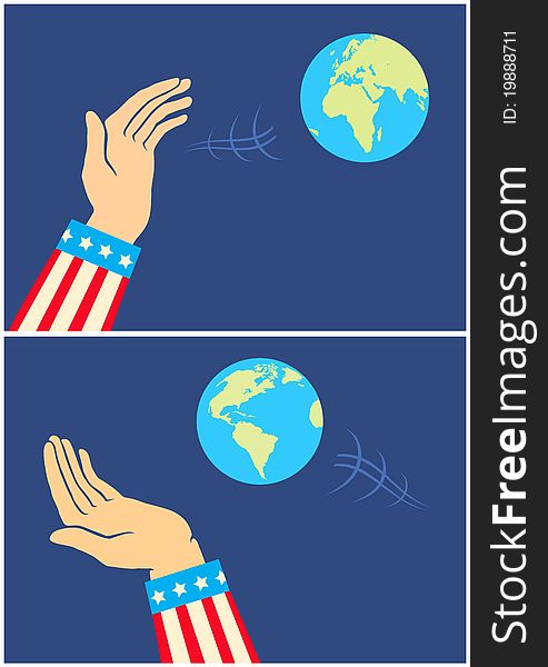 Two illustrations of hands and the Earth