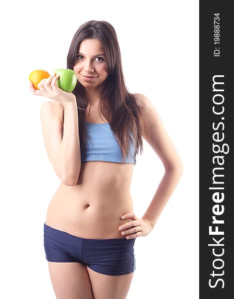 Young woman hold apple and orange. Isolated