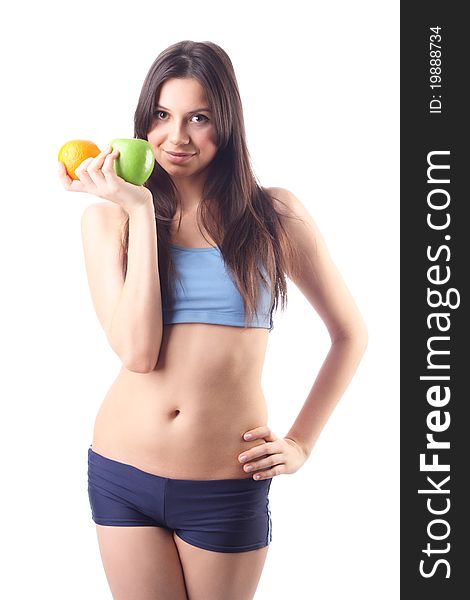 Young Woman Hold Apple And Orange. Isolated