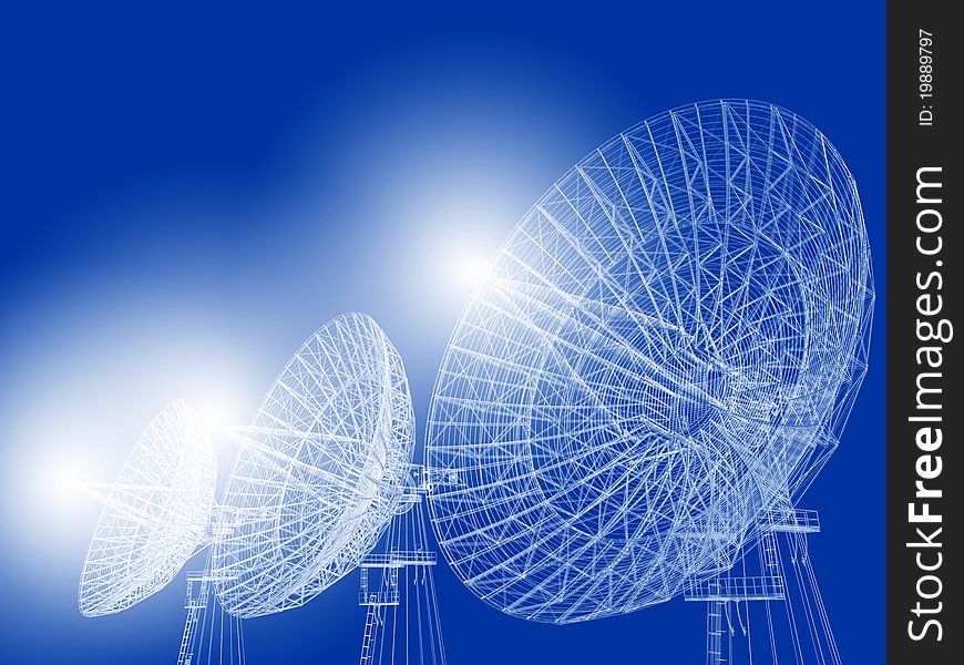 Satellite dish illustration on blue.