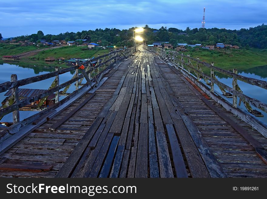 Longest Wooden Bridge in Sangkraburi Kanchanaburi West of Thailand in Morning
