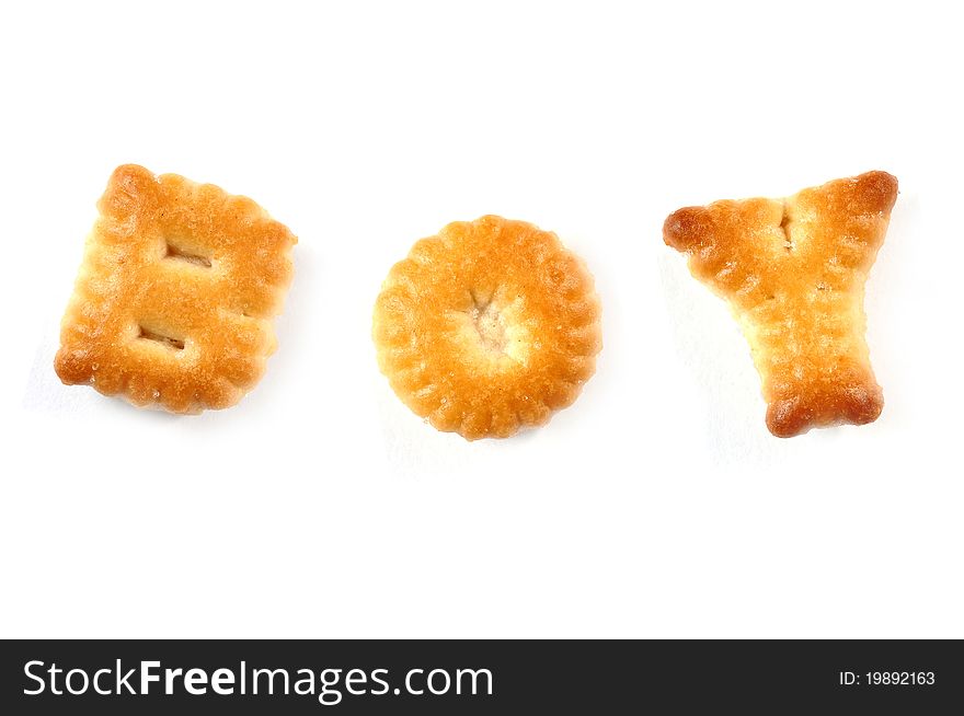 Biscuits letters. Words BOY isolated on the white background