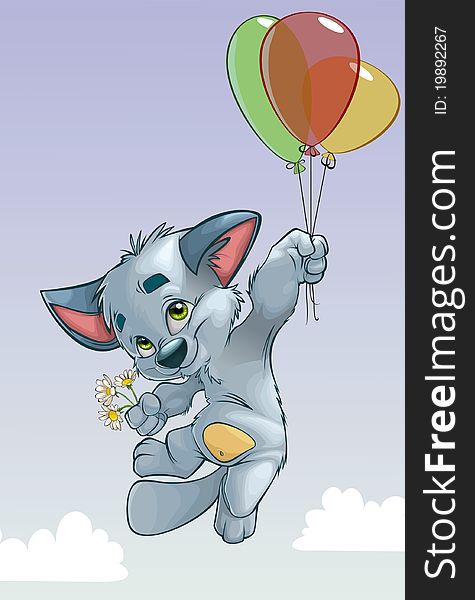 Vector illustration of a cartoon cat flying on balloons with daisies in his hand. Vector illustration of a cartoon cat flying on balloons with daisies in his hand