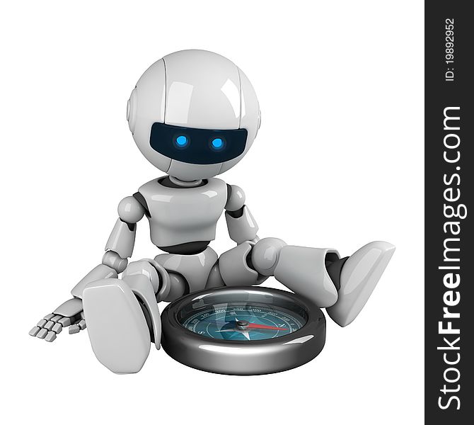 Funny white robot sit with silver compass. Funny white robot sit with silver compass