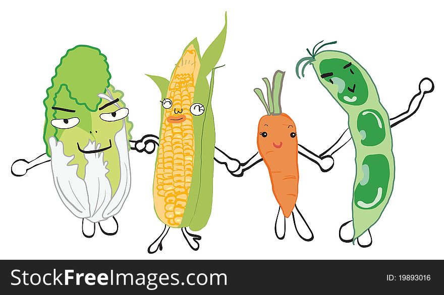 Illustration of cabbage,corn,carrot,bean hold hands, graphic. Illustration of cabbage,corn,carrot,bean hold hands, graphic