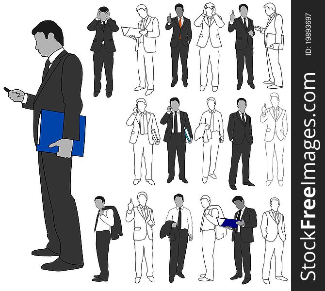 Set of business men illustrations in line drawings and monotones. Set of business men illustrations in line drawings and monotones