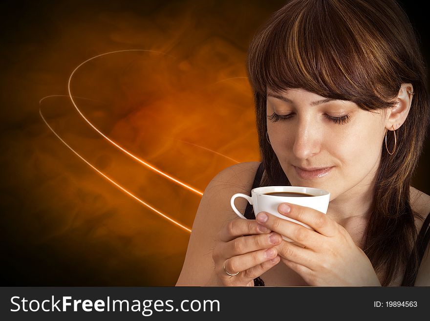 Beautiful Woman With Coffee.Isolated on black.Copy-space