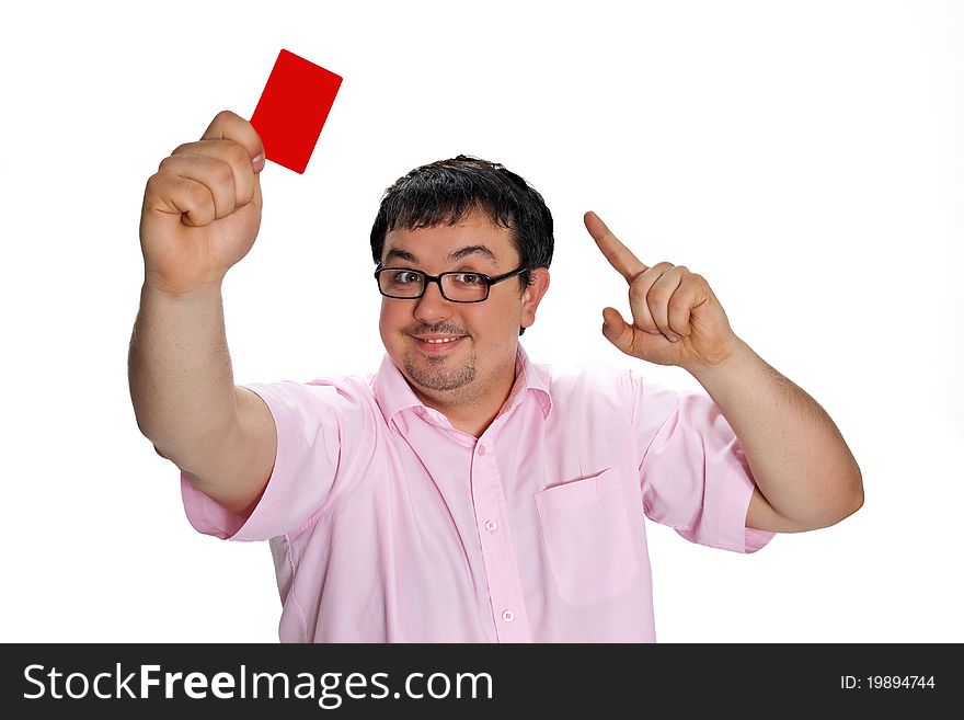 A young man with a credit card poses on a white background