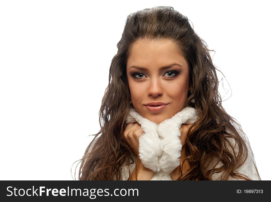 Cute girl in a white coat on the isolated background