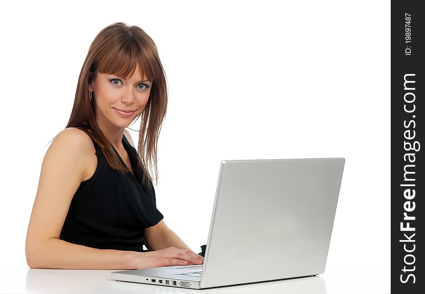 Lady looks at the computer monitor.Isolated background, added a stroke thickness of one pixel for easy selection. Lady looks at the computer monitor.Isolated background, added a stroke thickness of one pixel for easy selection