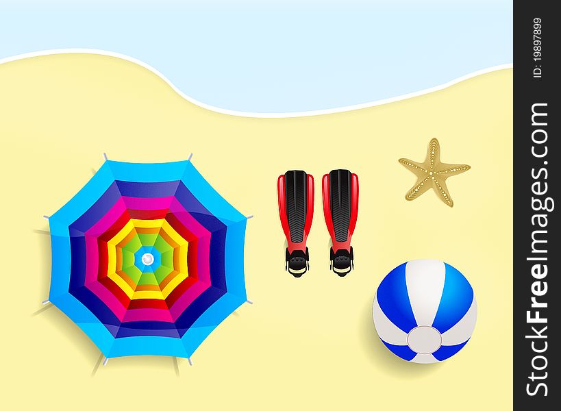 Beach with umbrella, ball, flippers and starfish  illustration