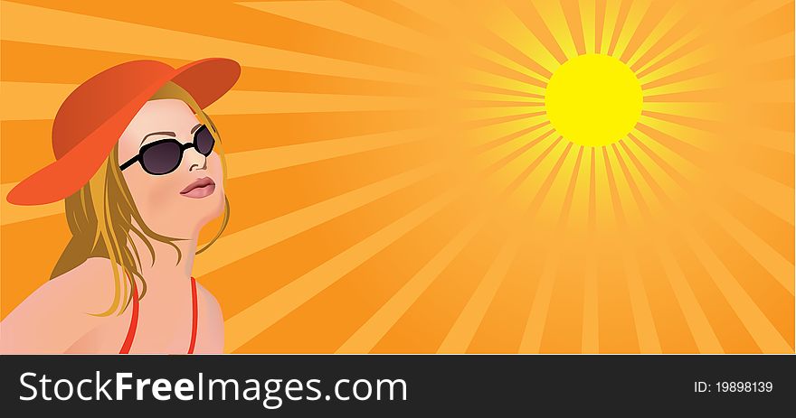 Young woman with sun glasses and hat looking at the sun on rays background. Young woman with sun glasses and hat looking at the sun on rays background