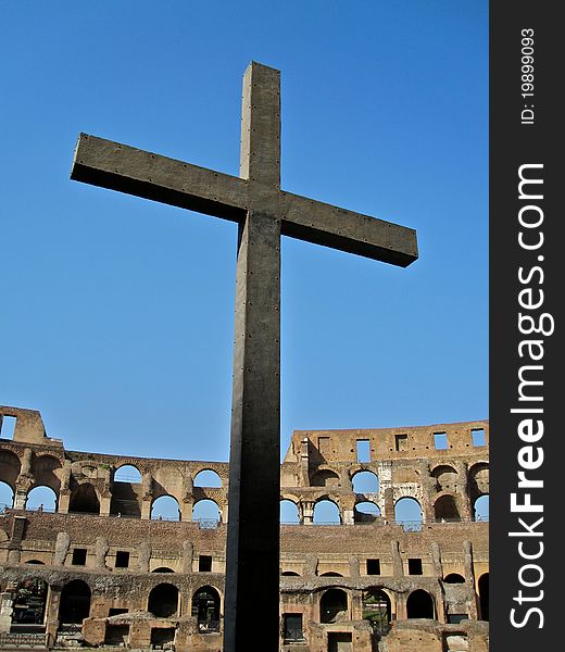 Cross located in the Roman Coliseum. Cross located in the Roman Coliseum