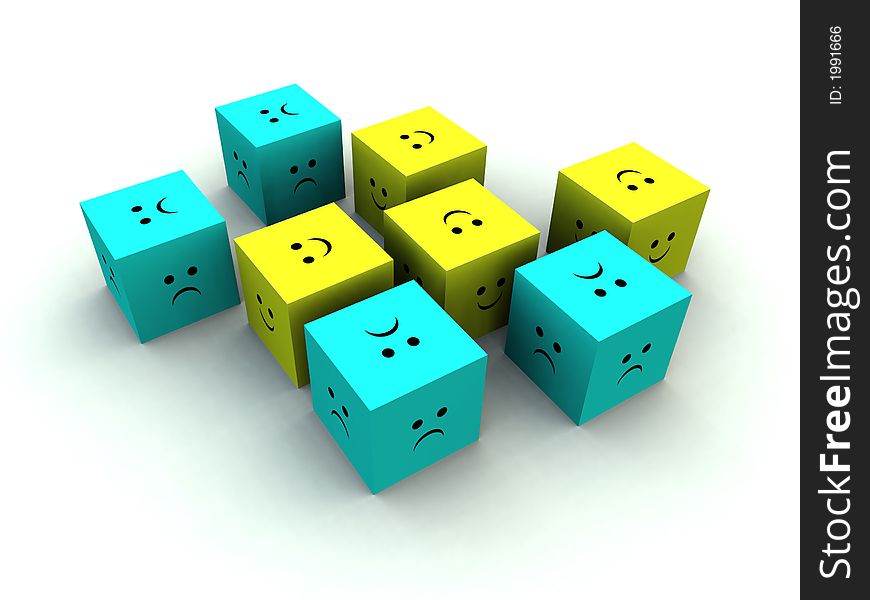 A set of very sad and very happy cubes. A set of very sad and very happy cubes.