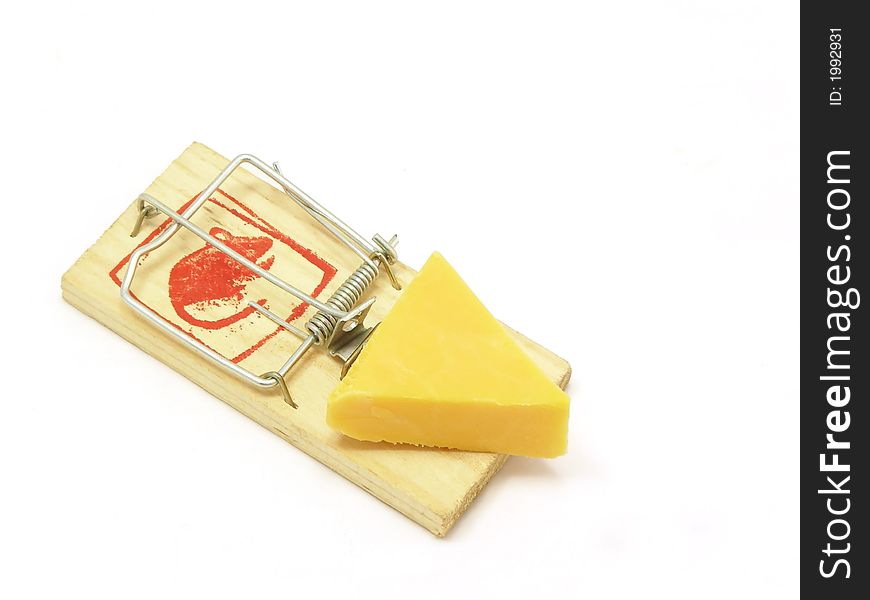 Mousetrap baited with a wedge of cheese