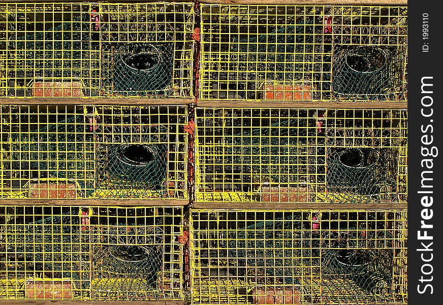 A stack of lobster traps in Gloucester, Massachusetts