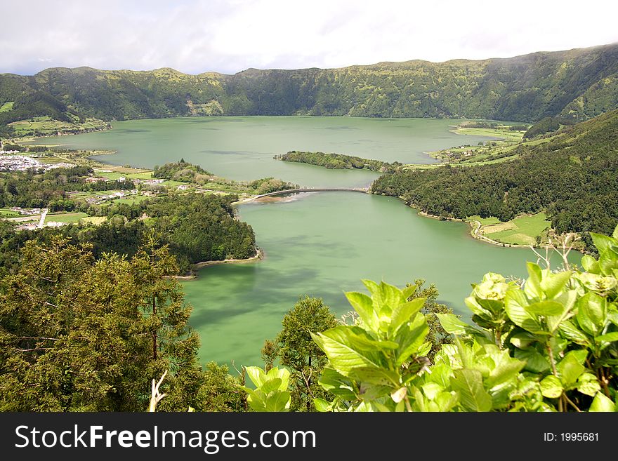 Panorama of a crater lake on the azores islands
