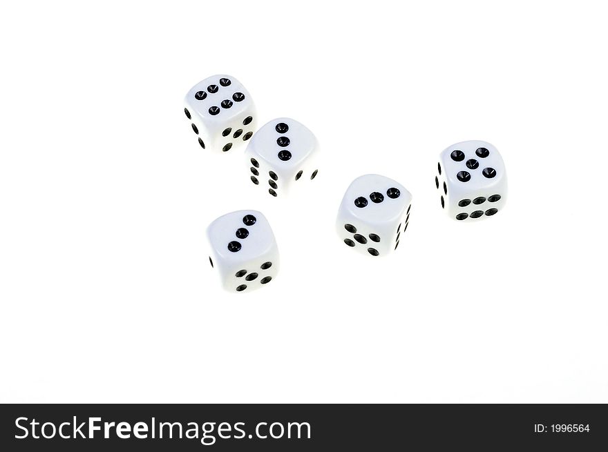 Five dices on white background