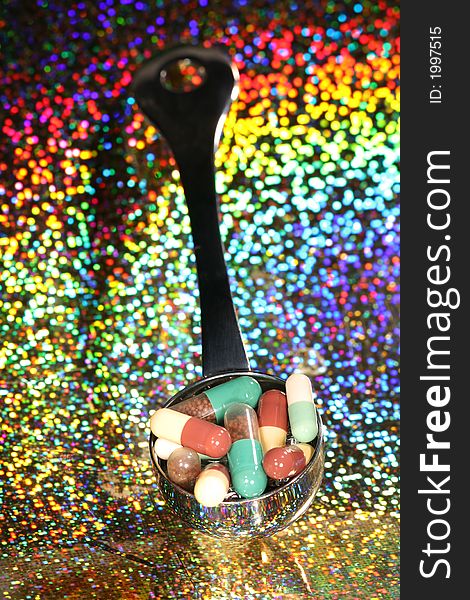 Metal spoon containing different capsules of pharmaceutics. Background a multi-reflecting foil hologram-foil. Metal spoon containing different capsules of pharmaceutics. Background a multi-reflecting foil hologram-foil.