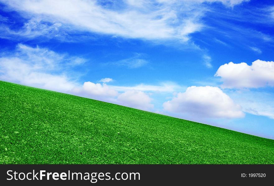 A green meadow under the beautiful blue sky with clouds. A green meadow under the beautiful blue sky with clouds