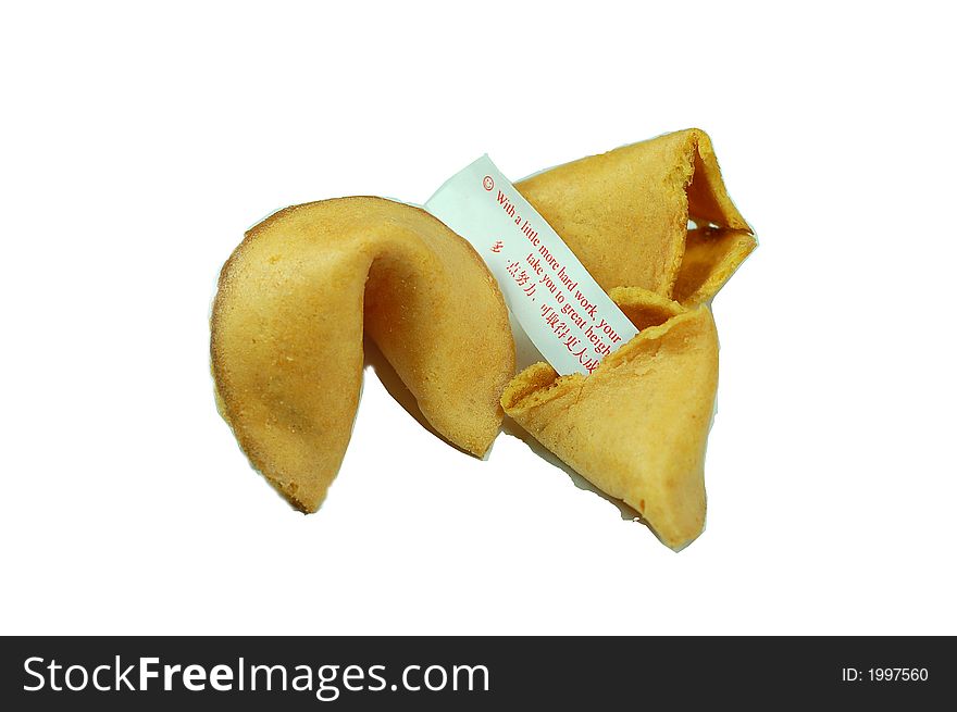 Fortune cookies being breaking off revealing paper of good words. Fortune cookies being breaking off revealing paper of good words