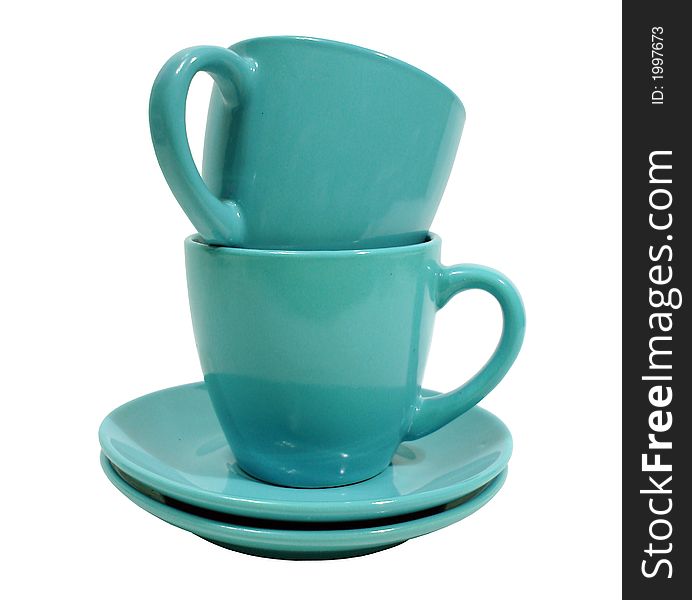 Two Blue Cups With Saucer Over White Background