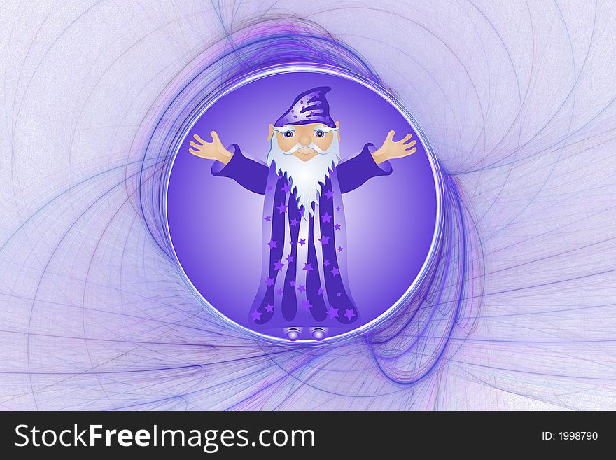 Wizard and globe over purple and white background.