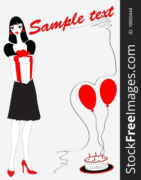 Vector illustration of funky birthday gteeeting card with beautiful sexy girl