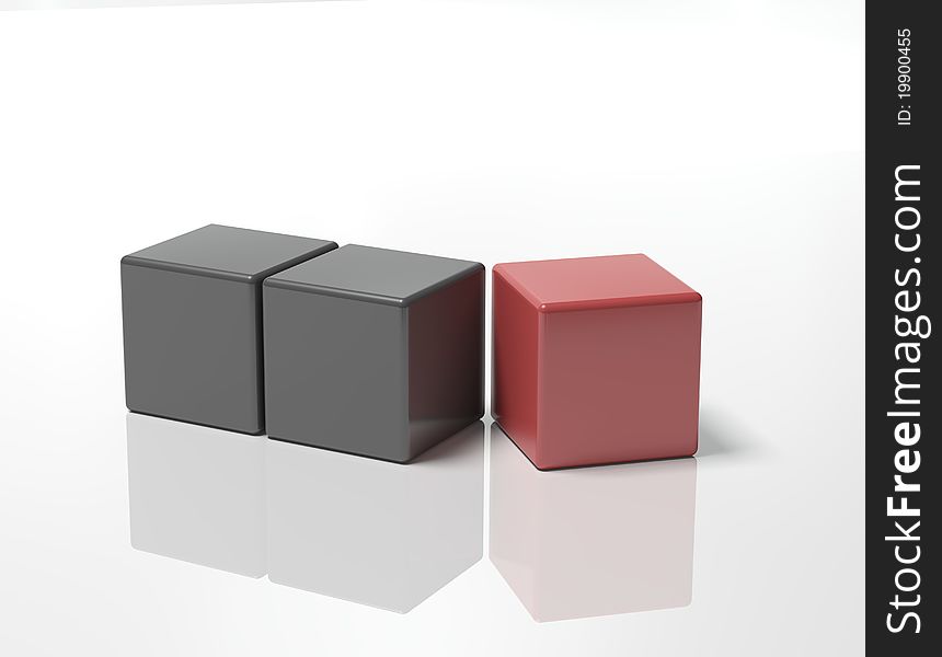 Illustration of block of black cubs with final red one about to fit on corner ,isolated on white background. Illustration of block of black cubs with final red one about to fit on corner ,isolated on white background