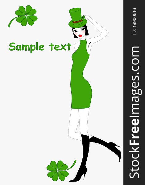 Vector illustration of funky St.Patrick's Day gteeeting card with beautiful girl