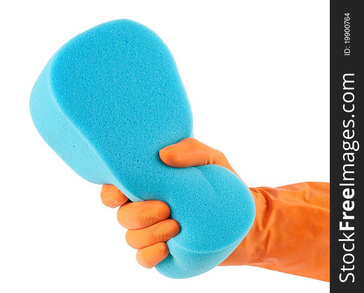 Hand in orange glove with sponge isolated on white background