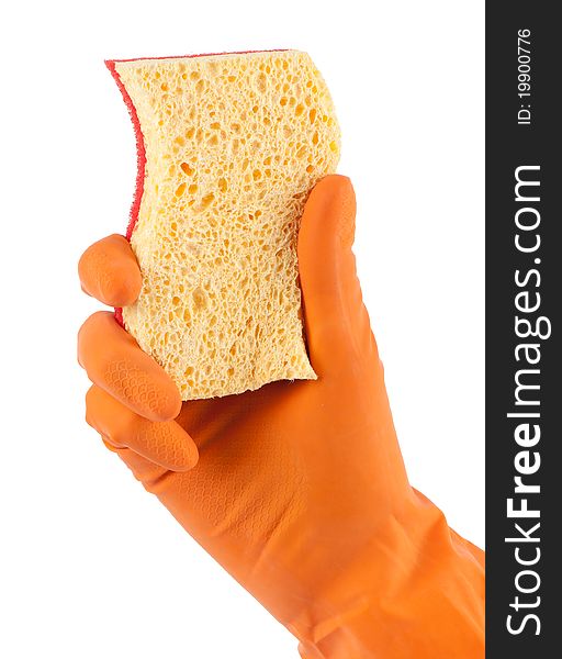 Hand in orange glove with sponge isolated on white background