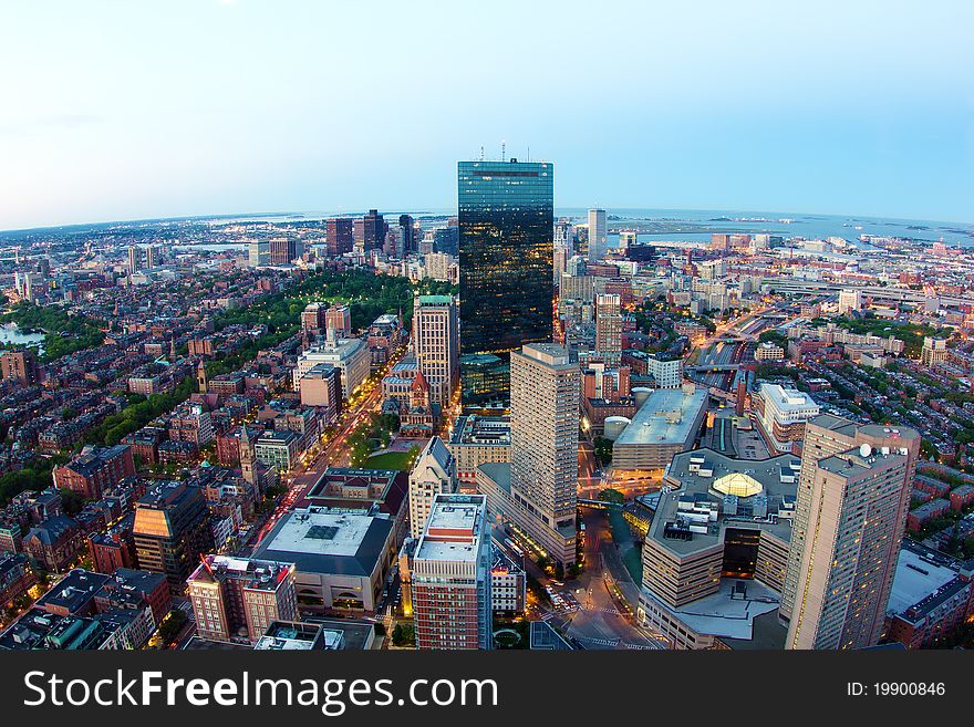 Aerial view of Boston in Massachusetts, USA at sunset.