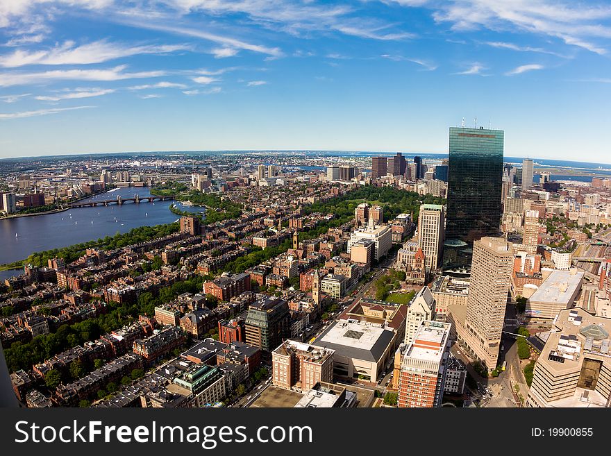 Aerial view of Boston in Massachusetts, USA on a sunny summer day.