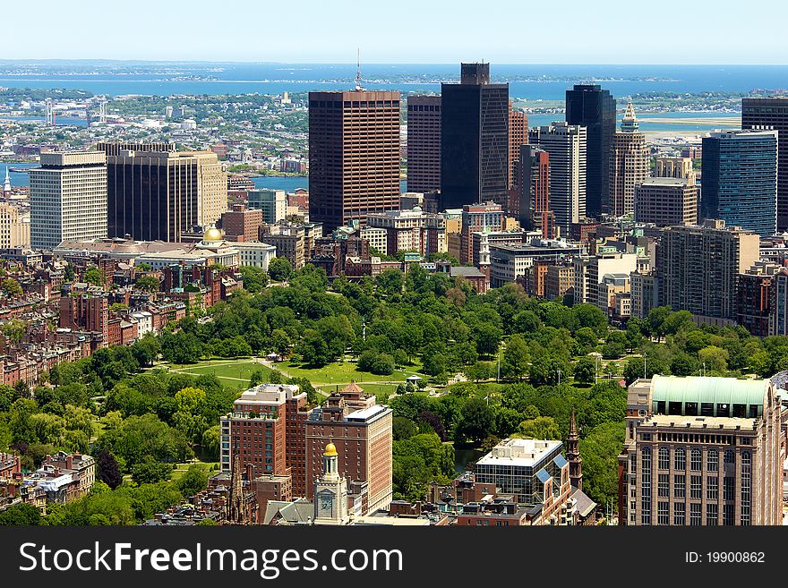 Aerial view of Boston in Massachusetts on a sunny summer day.