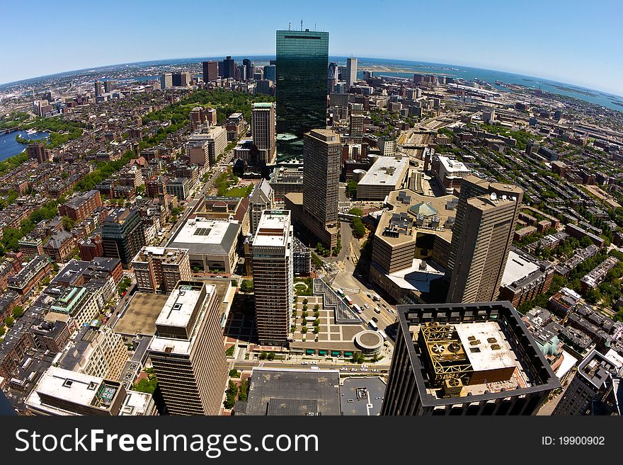 Aerial view of Boston in Massachusetts, USA on a sunny summer day. Boston seen as a planet.