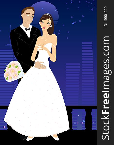 Vector illustration of cool bride and groom on the urban romantic background. Vector illustration of cool bride and groom on the urban romantic background