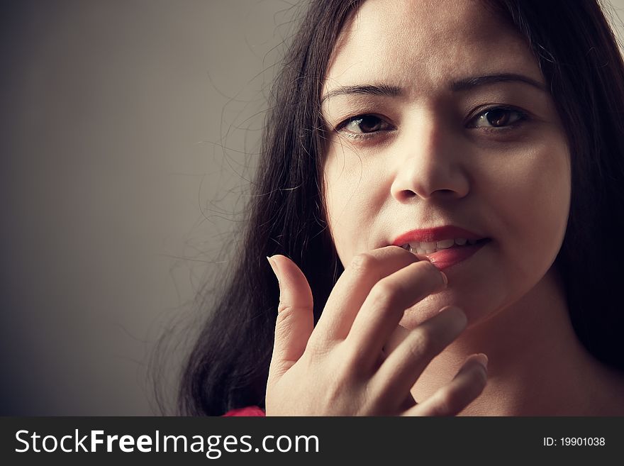 Pretty Indian Woman Portrait, Finger On Lips