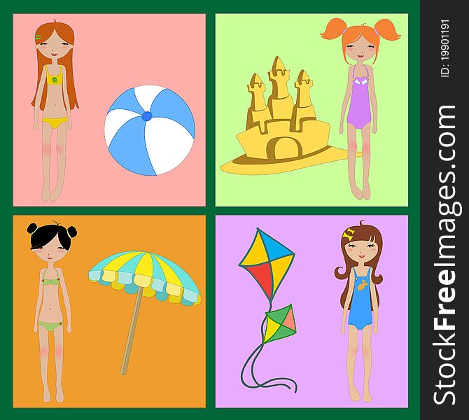 Vector Illustration of funny summer icons, decorated with little girls.