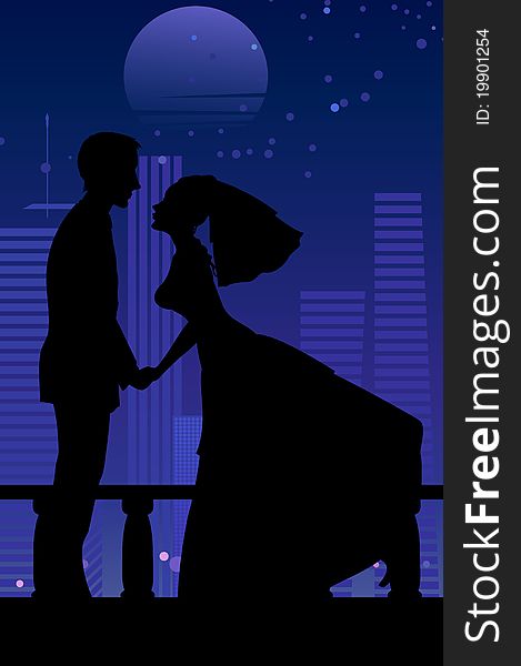 Vector illustration of cool bride and groom on the urban romantic background